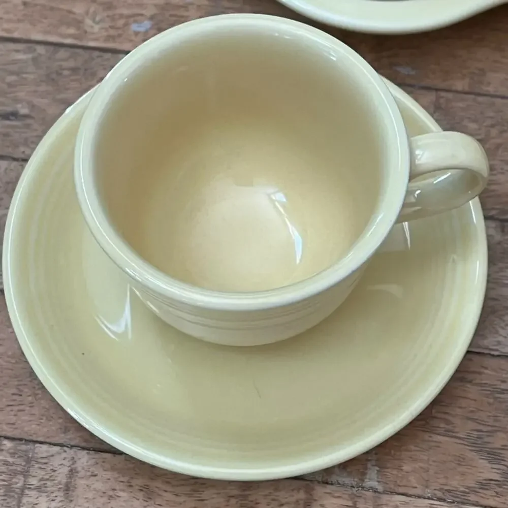 Vtg Fiesta Ware Yellow Set of Creamer Covered Sugar Tray Cups & Saucers